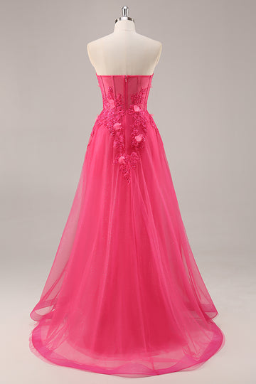 Strapless Appliqued Fuchsia Prom Dress with 3D Flowers